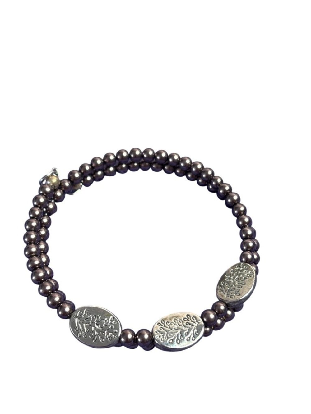 Brown Beaded Memory Wire Bracelet Silvertone Leaf Beads Heart Love Charm